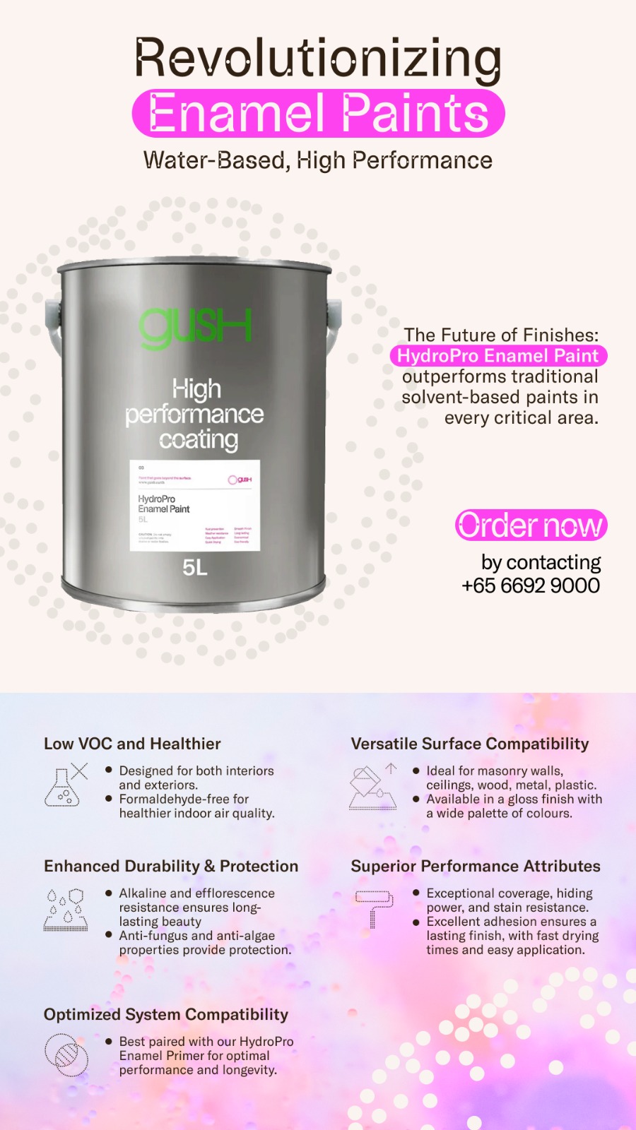 Gush HydroPro water-based enamel paint tin for Singapore doors and trim — Pico X Health Technology