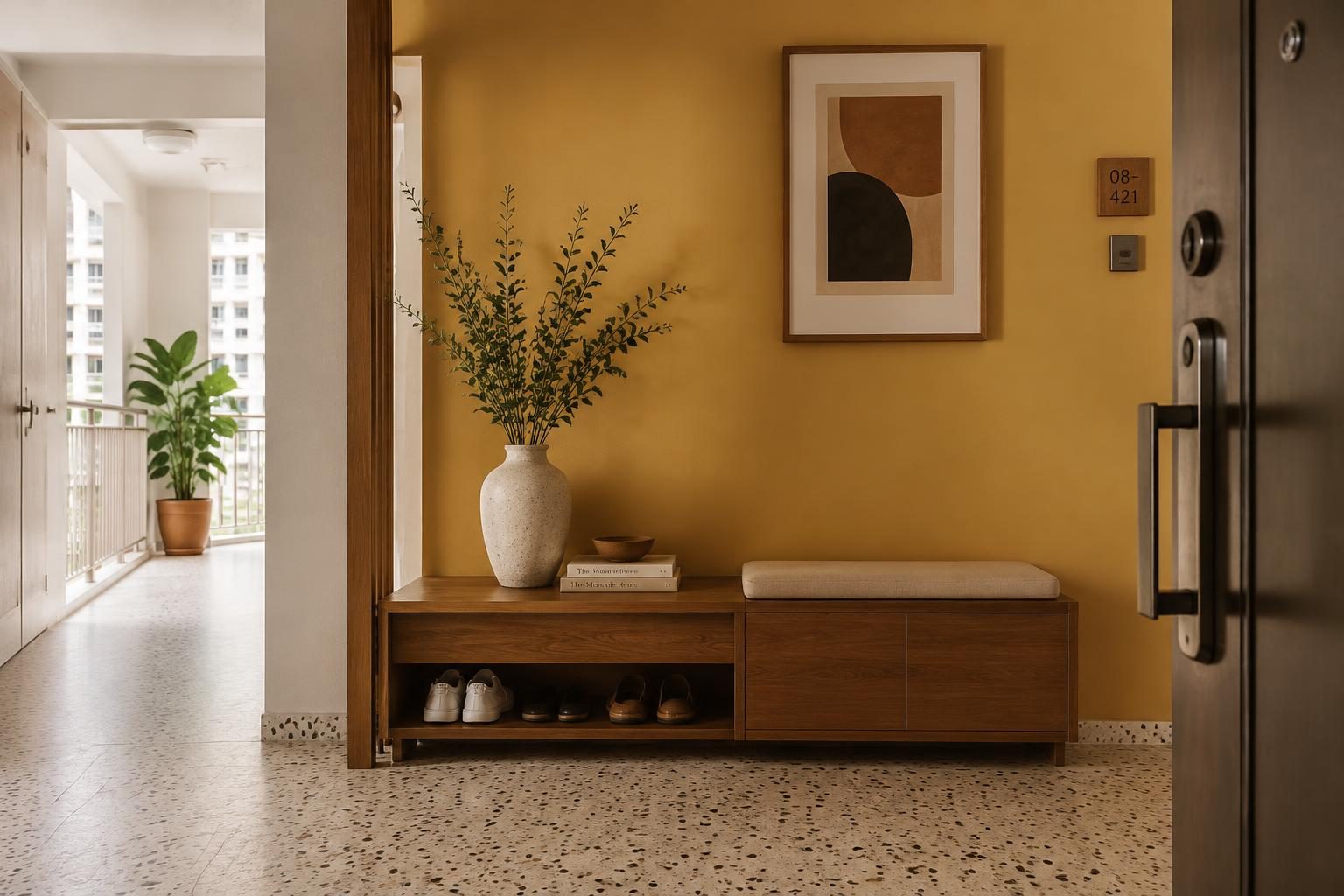 HDB foyer feature wall in Beesechurger golden ochre welcoming guests with warm daylight from the corridor