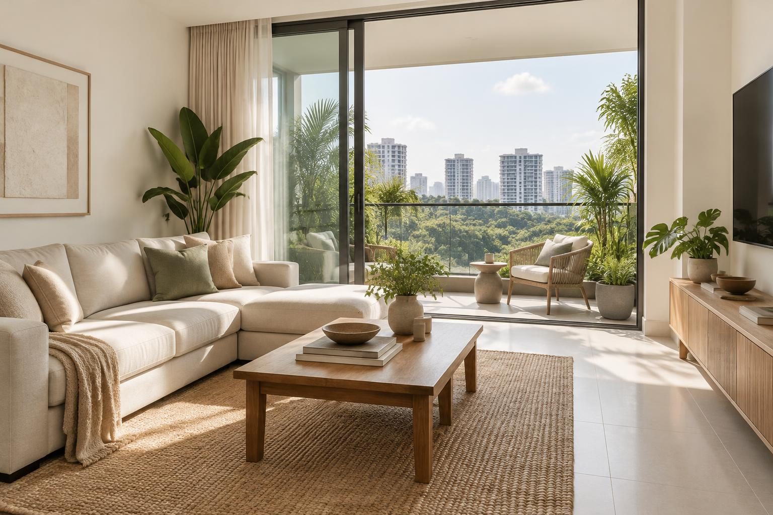 Condo living room in Boney warm soft white opening onto a leafy balcony and bathed in bright tropical light