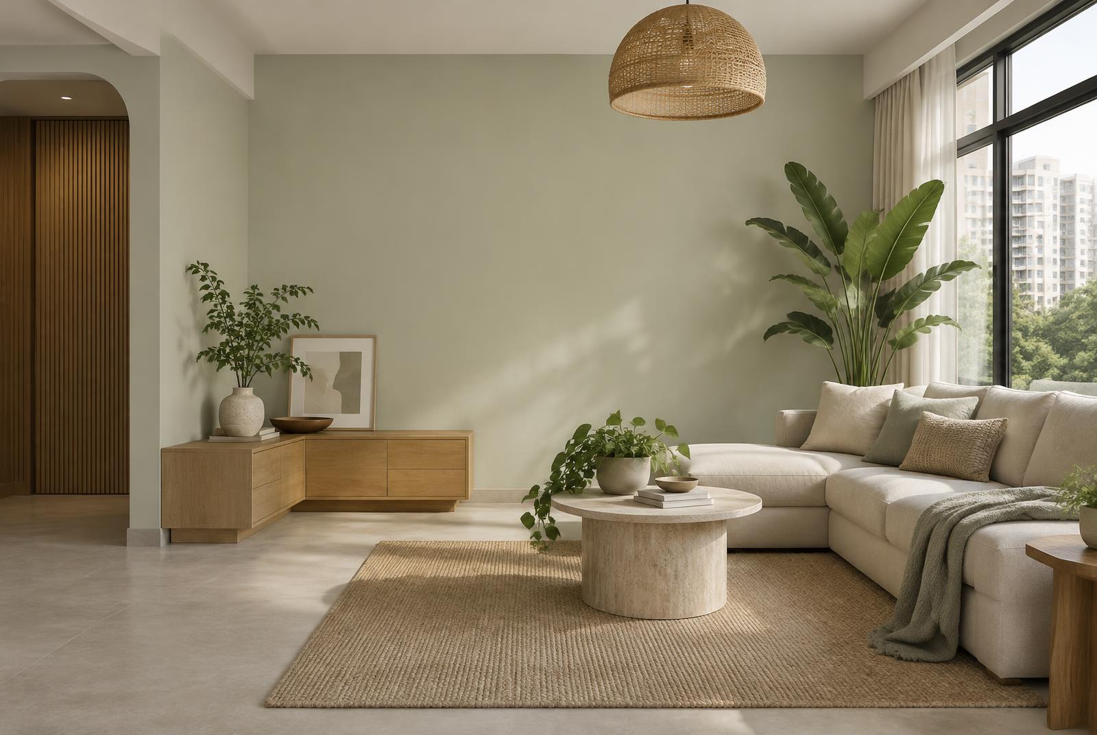 Singapore living room with Canopy sage walls in tropical daylight creating a calm, naturally layered interior