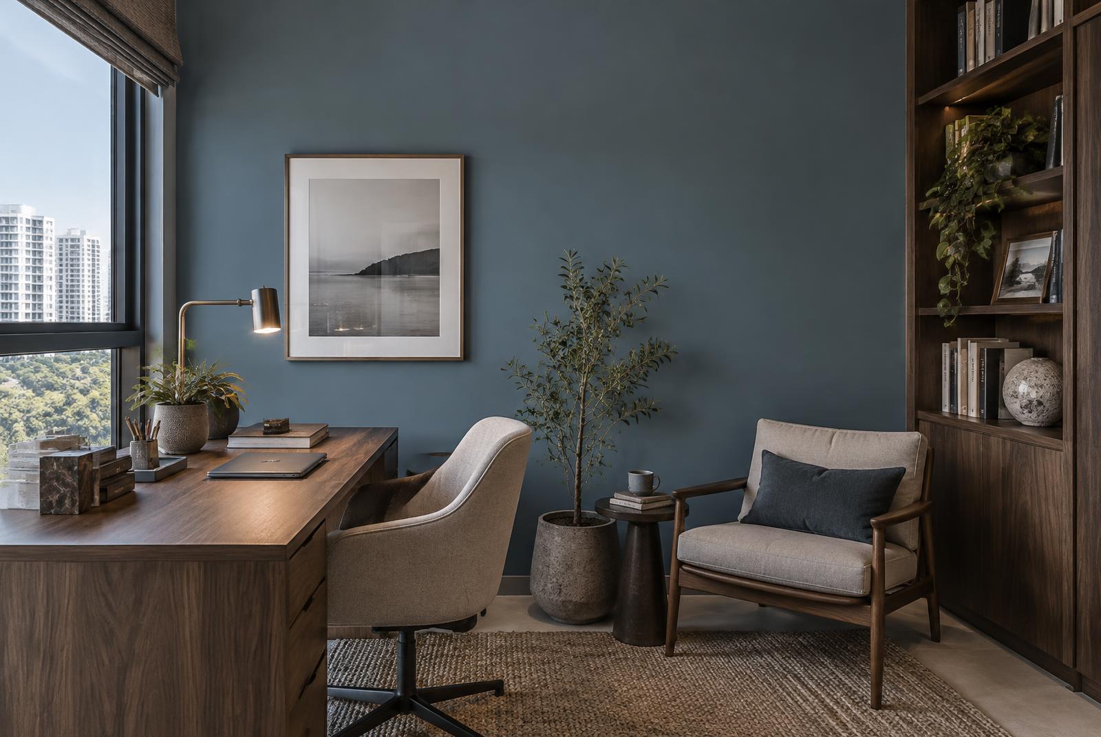 Compact Singapore study with Ensconce blue-slate walls adding depth while retaining natural daylight detail