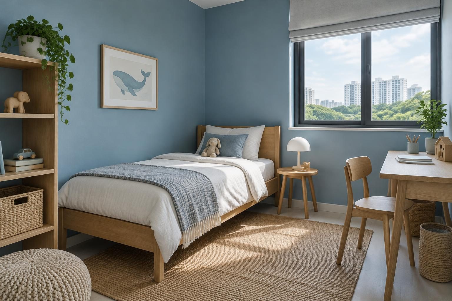 Kids' bedroom with Faye's Theme dusty blue walls balancing playful oak furniture in bright Singapore daylight