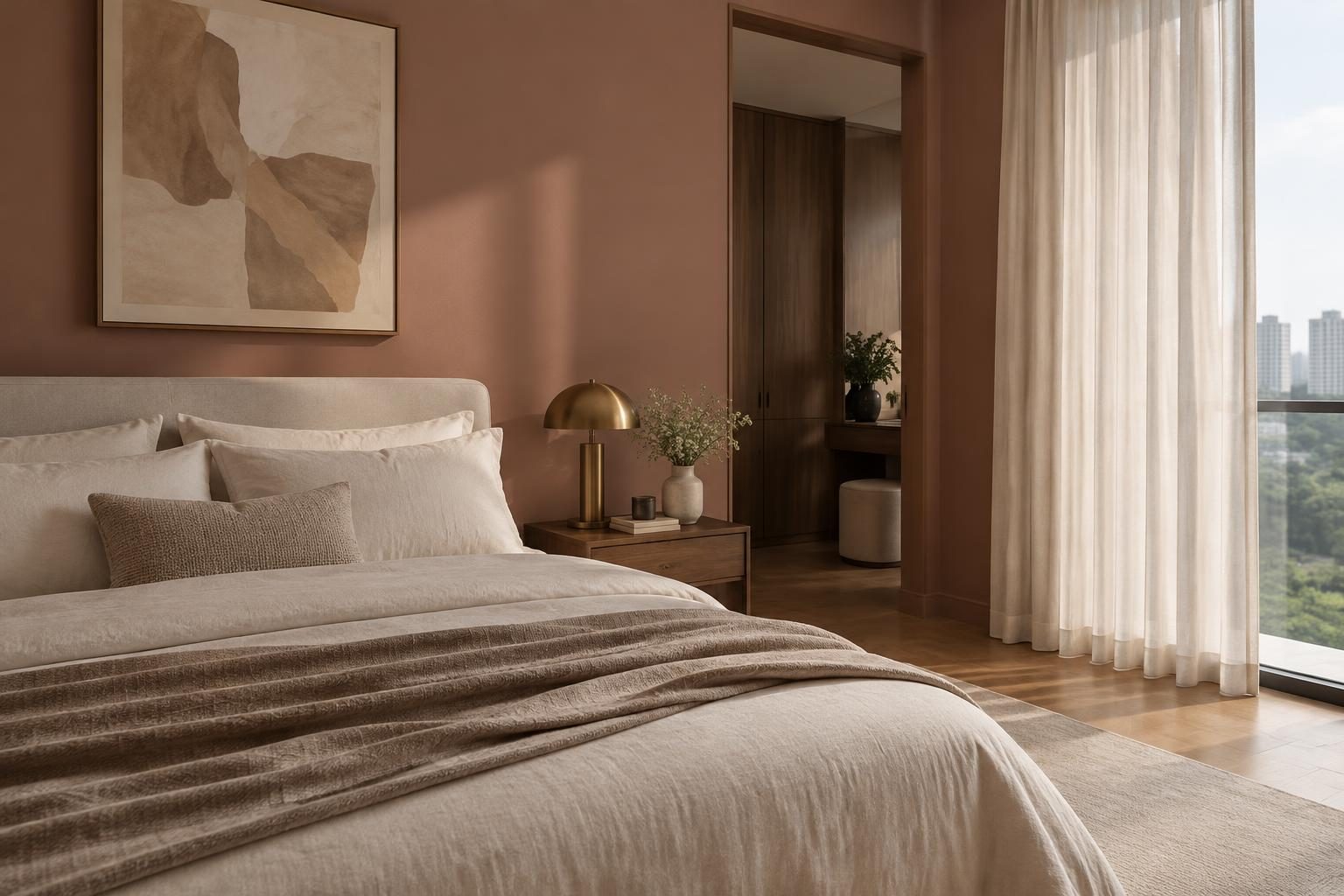 Condo master bedroom with Monarch dusky rose-brown walls softened by sheer curtains and late afternoon light
