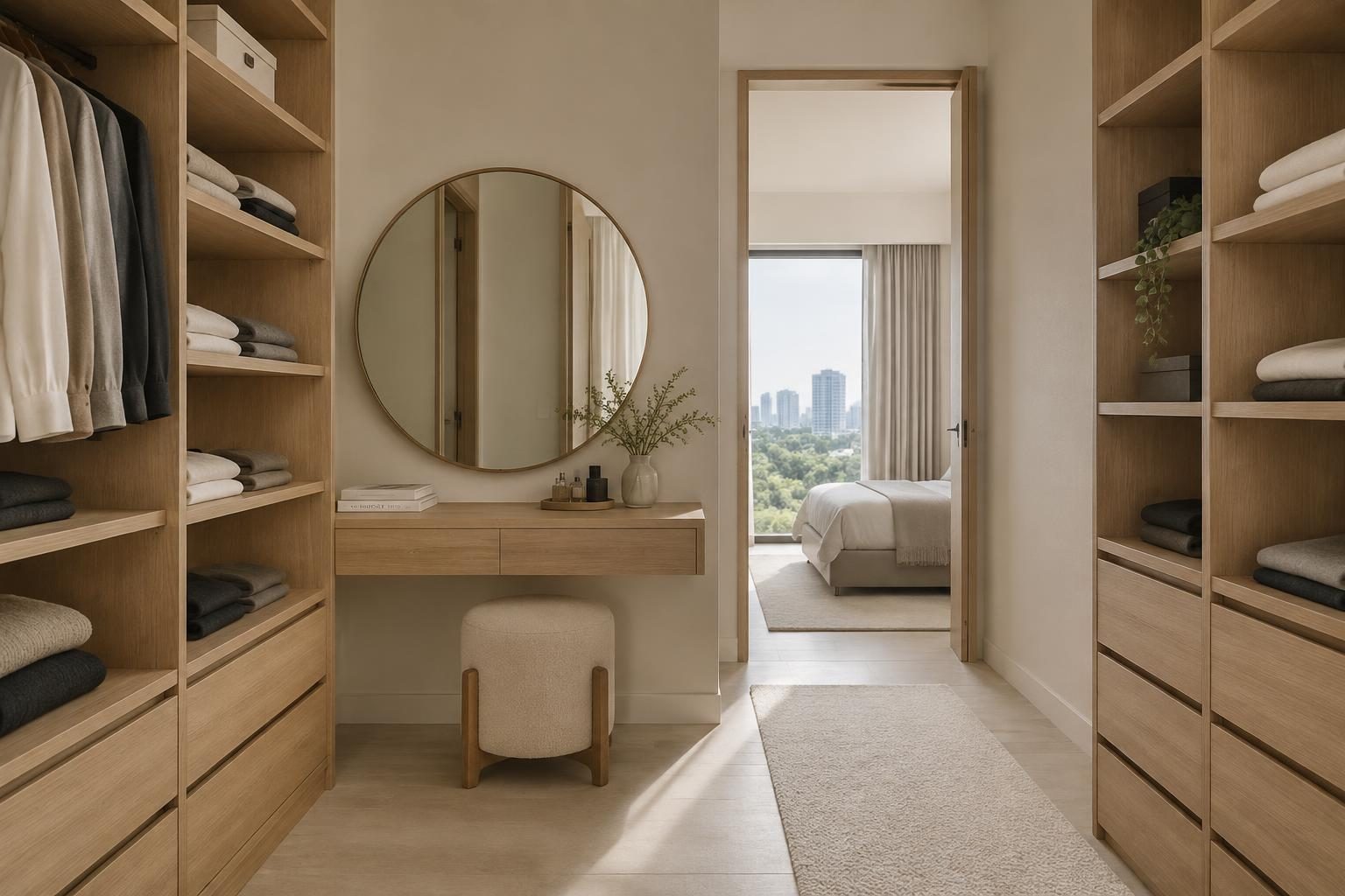Walk-in wardrobe with Old Soul warm greige walls letting oak shelving and clothing colours read true