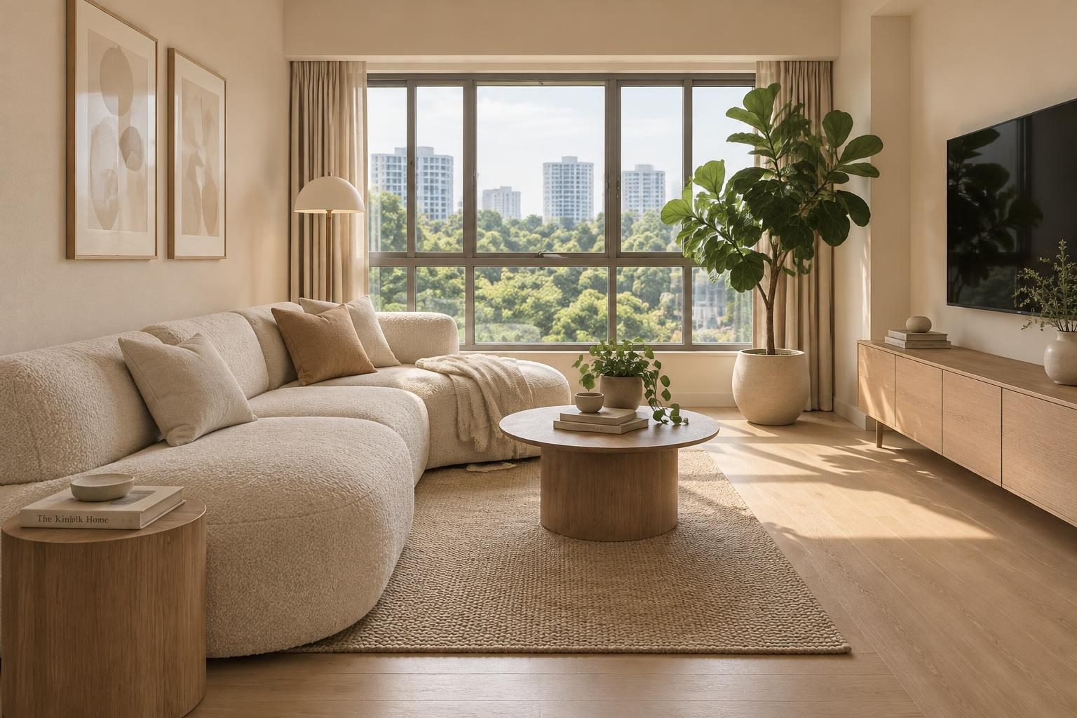 Bright HDB living room with Retriever sandy beige walls warming oak floors and boucle seating in tropical daylight
