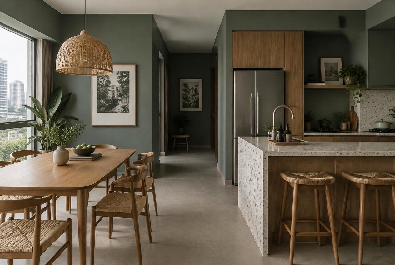 Singapore condo kitchen with Sweet Spot green-grey walls framing oak cabinets and terrazzo in soft side daylight