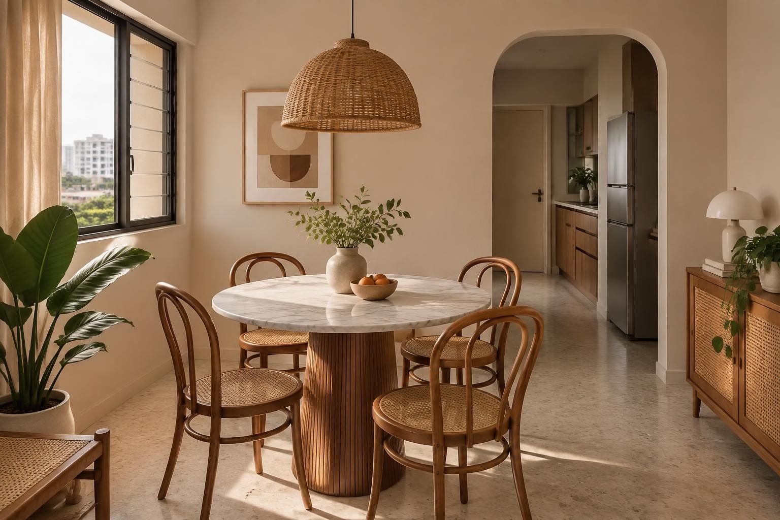HDB dining nook with Teh Tarik milky beige walls glowing beside a marble table in warm afternoon light