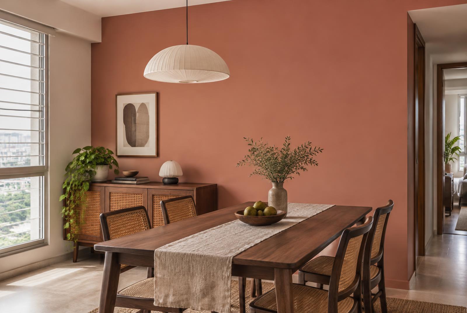 Singapore dining room with Terra terracotta walls warming walnut furniture under soft side daylight