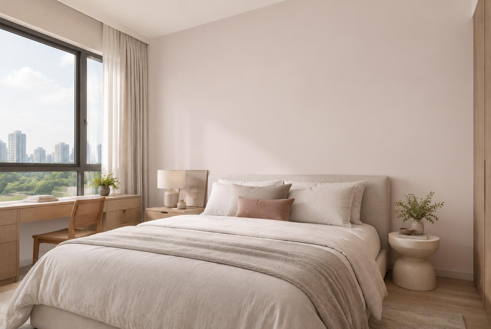 Singapore bedroom with Tutu Kueh blush-neutral walls reflecting soft morning light for a restful atmosphere