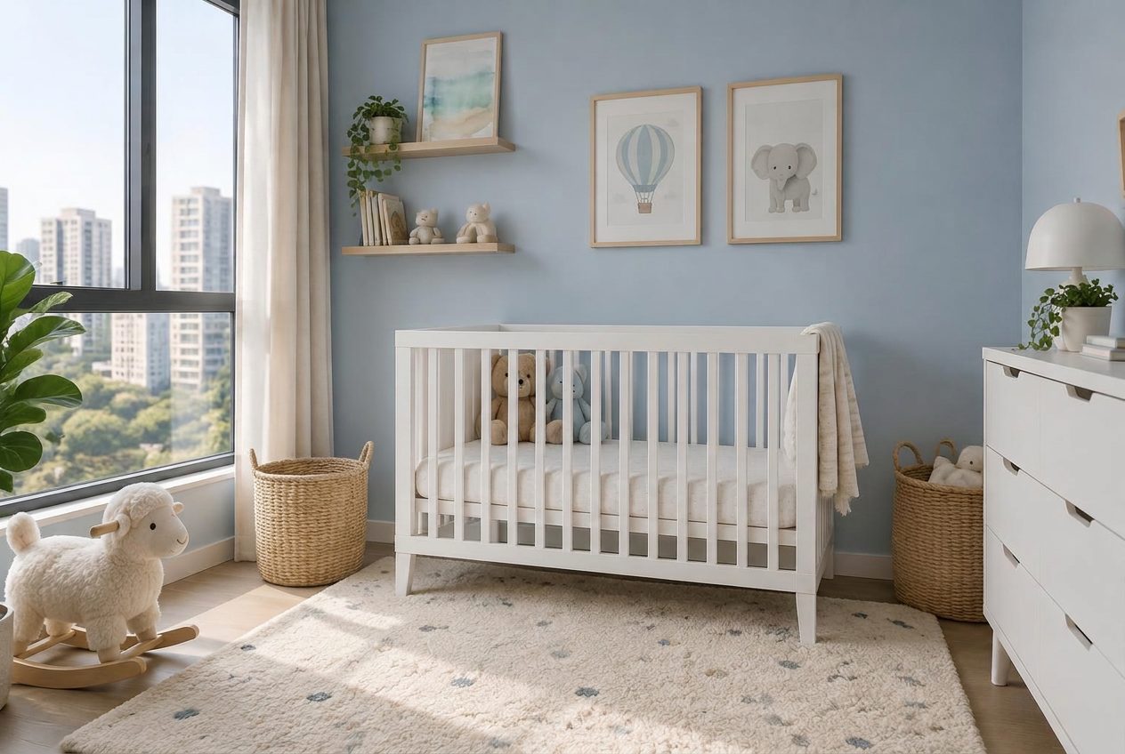 Singapore nursery with Twilight powder-blue walls creating a gentle, airy space in soft morning light