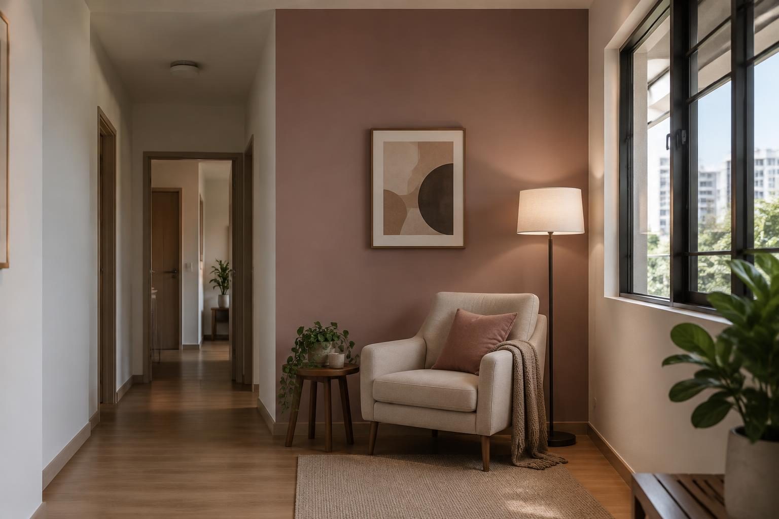 HDB reading corner with a Vineyard muted mauve feature wall beside warm white walls under a soft floor lamp