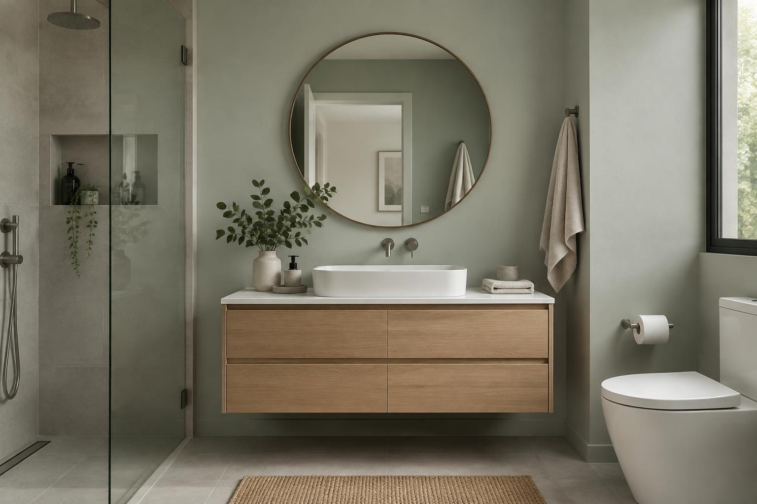 Condo bathroom vanity wall in Yosemite grey sage pairing oak and white ceramic for a calm spa-like feel