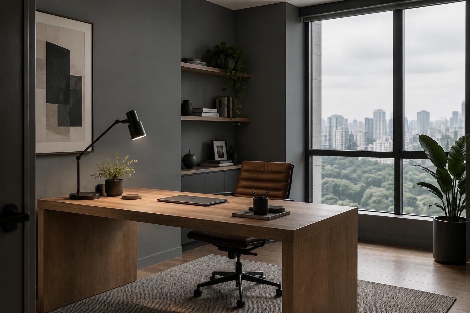 Condo home office with Yugen cool charcoal walls focusing attention on an oak desk under overcast daylight