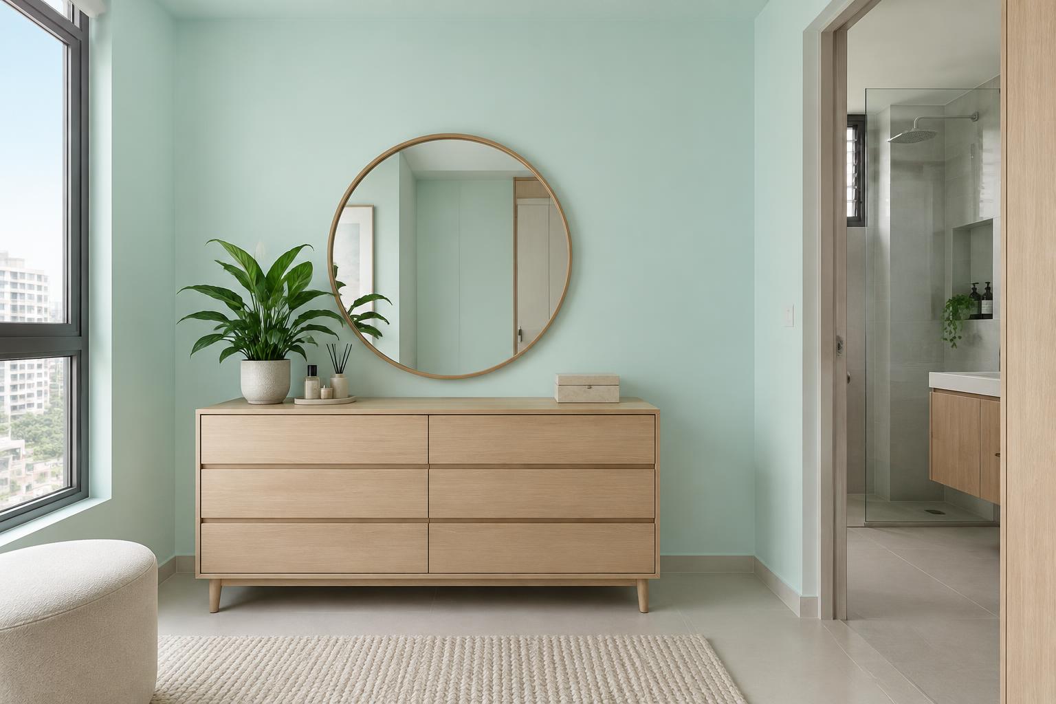 HDB dressing area with white oak dresser and round mirror painted in Gush Lazy River BG000A, showing the shade in natural Singapore daylight
