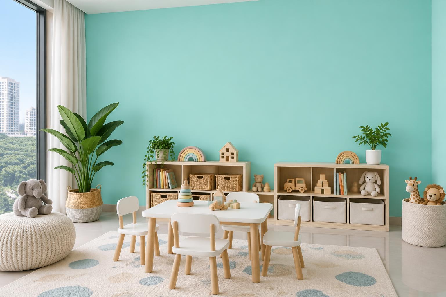 Condo kids' playroom with wooden toy shelves and play table painted in Gush Spark Plug BG002A, showing the shade in natural Singapore daylight
