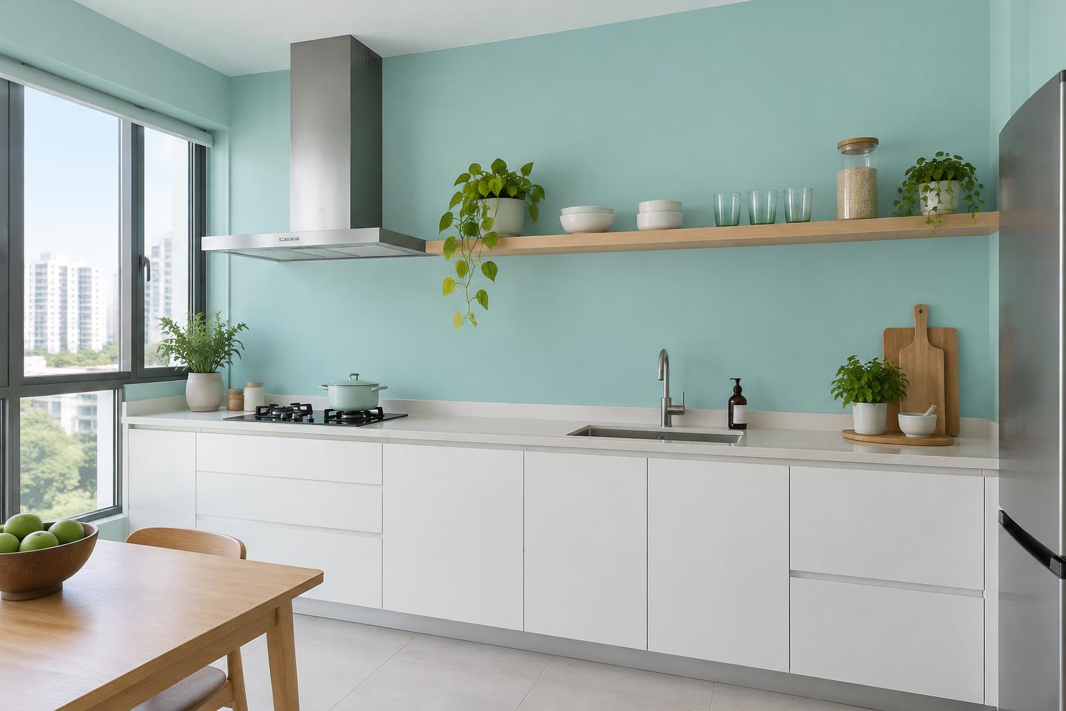 HDB kitchen with white cabinets and light wood open shelf painted in Gush Giddy Light BG003B, showing the shade in natural Singapore daylight