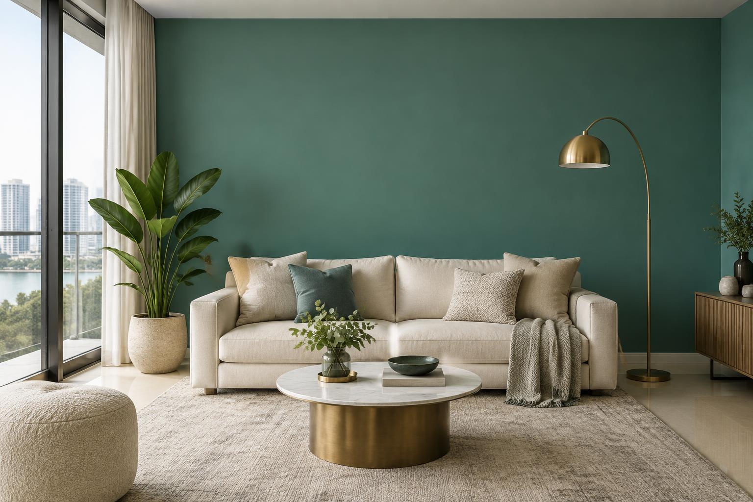 Condo living room with cream linen sofa and brass arc lamp painted in Gush Offshore BG007C, showing the shade in natural Singapore daylight