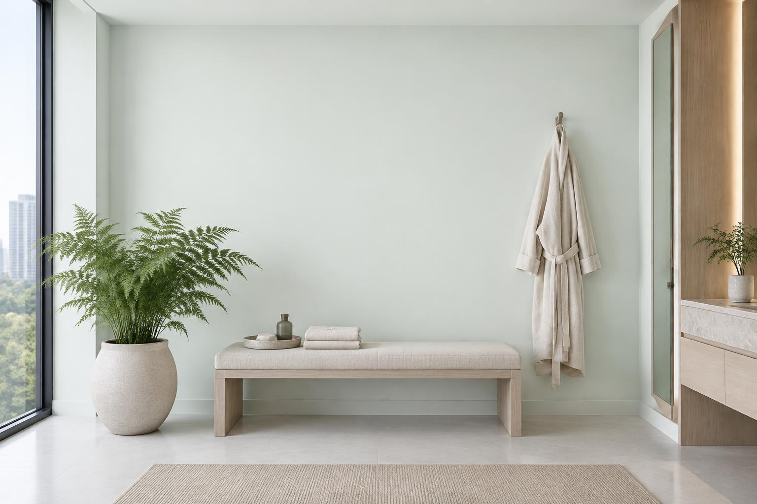 Condo dressing room with pale ash bench and linen robe painted in Gush Chiffonade BG008A, showing the shade in natural Singapore daylight