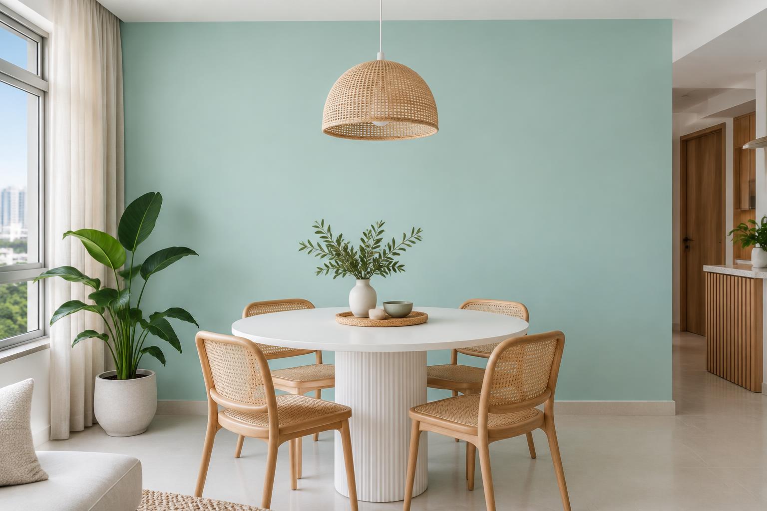 HDB dining room with white round table and cane chairs painted in Gush Remember BG011B, showing the shade in natural Singapore daylight