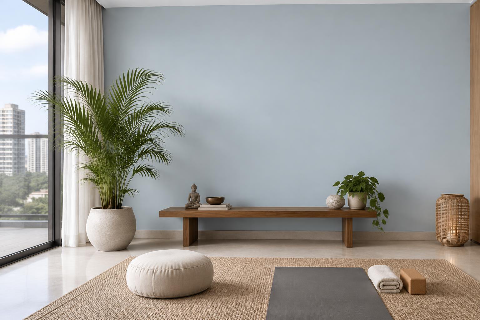 Condo meditation corner with teak bench and floor cushion painted in Gush Mindful BL000A, showing the shade in natural Singapore daylight
