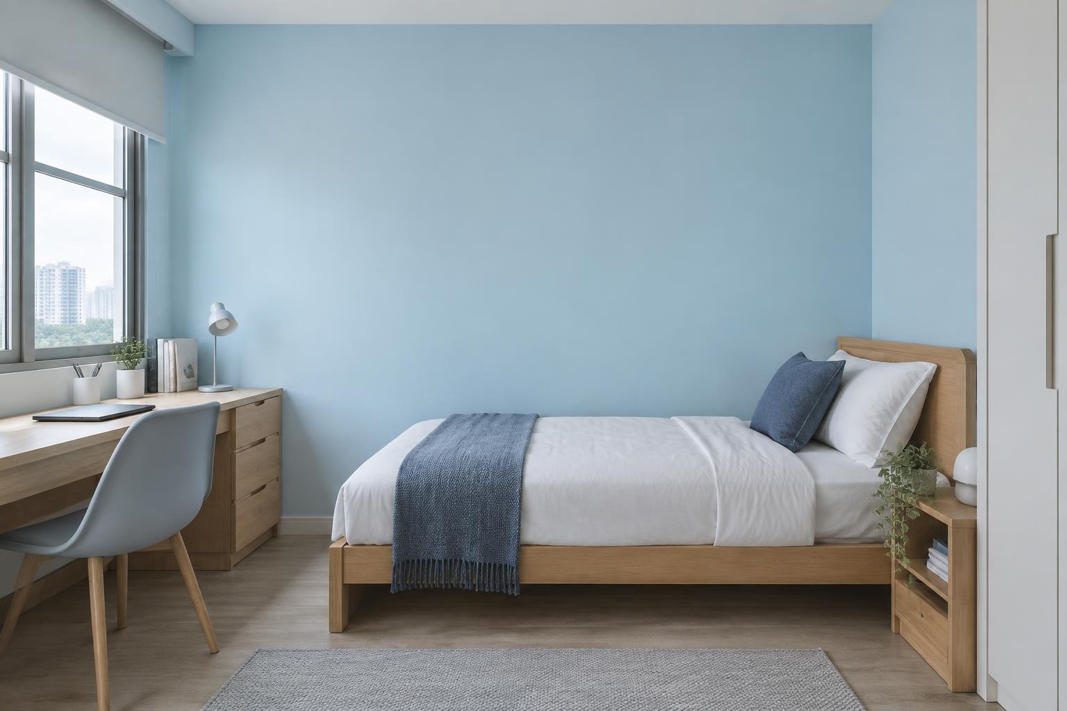 HDB boy's bedroom with wooden single bed and study desk painted in Gush Shallow BL001A, showing the shade in natural Singapore daylight