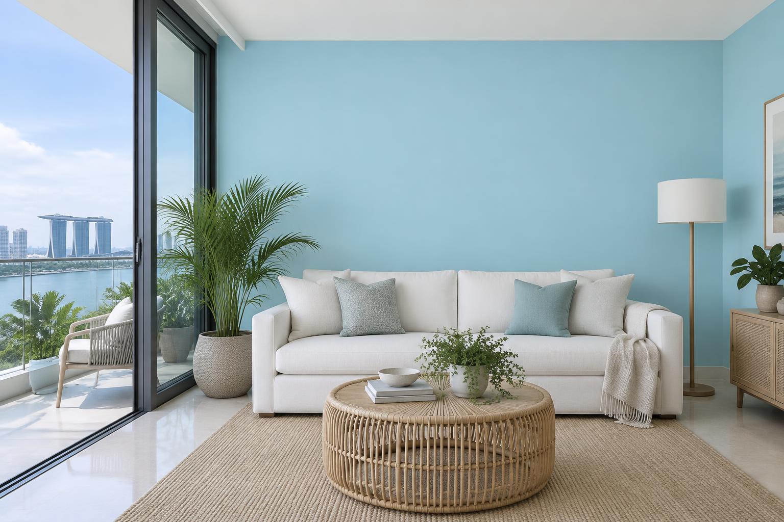 Condo lounge with white sofa and rattan table by the balcony painted in Gush Thirsty BL002B, showing the shade in natural Singapore daylight