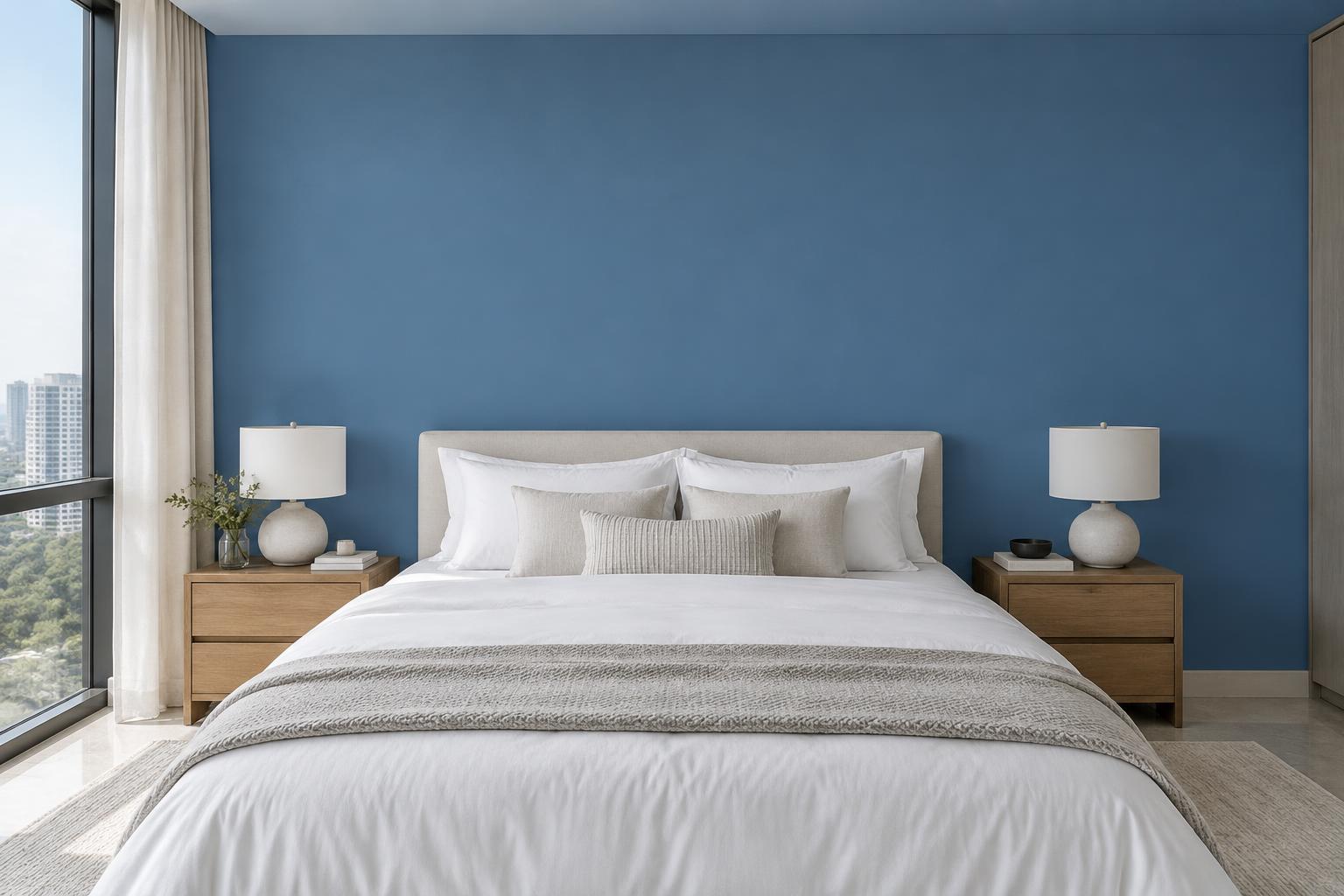 Condo master bedroom with white linen and oak nightstands painted in Gush Last Bus BL006C, showing the shade in natural Singapore daylight