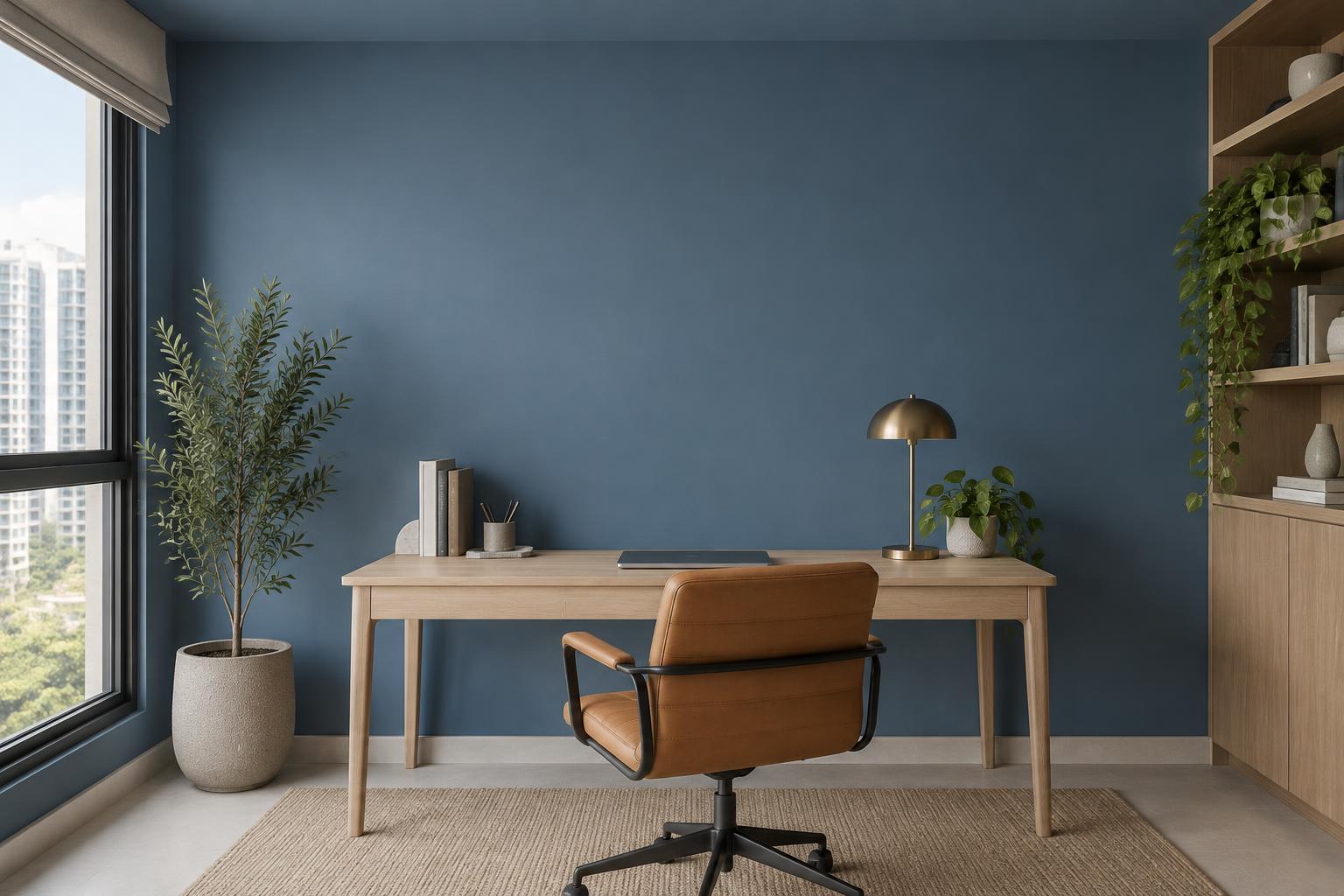 HDB study with white oak desk and caramel leather chair painted in Gush Peak BL007C, showing the shade in natural Singapore daylight