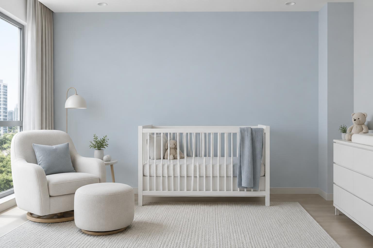 Condo nursery with white crib and glider chair painted in Gush Hang In There BL008A, showing the shade in natural Singapore daylight