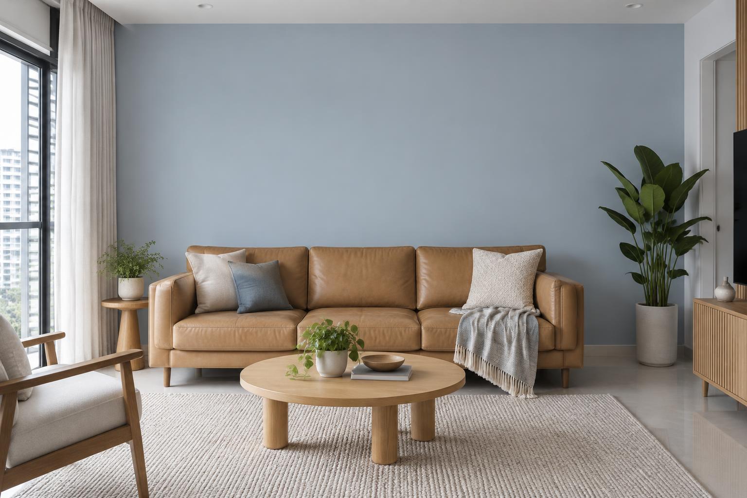 HDB living room with tan leather sofa and oak coffee table painted in Gush Dreamboat BL009B, showing the shade in natural Singapore daylight