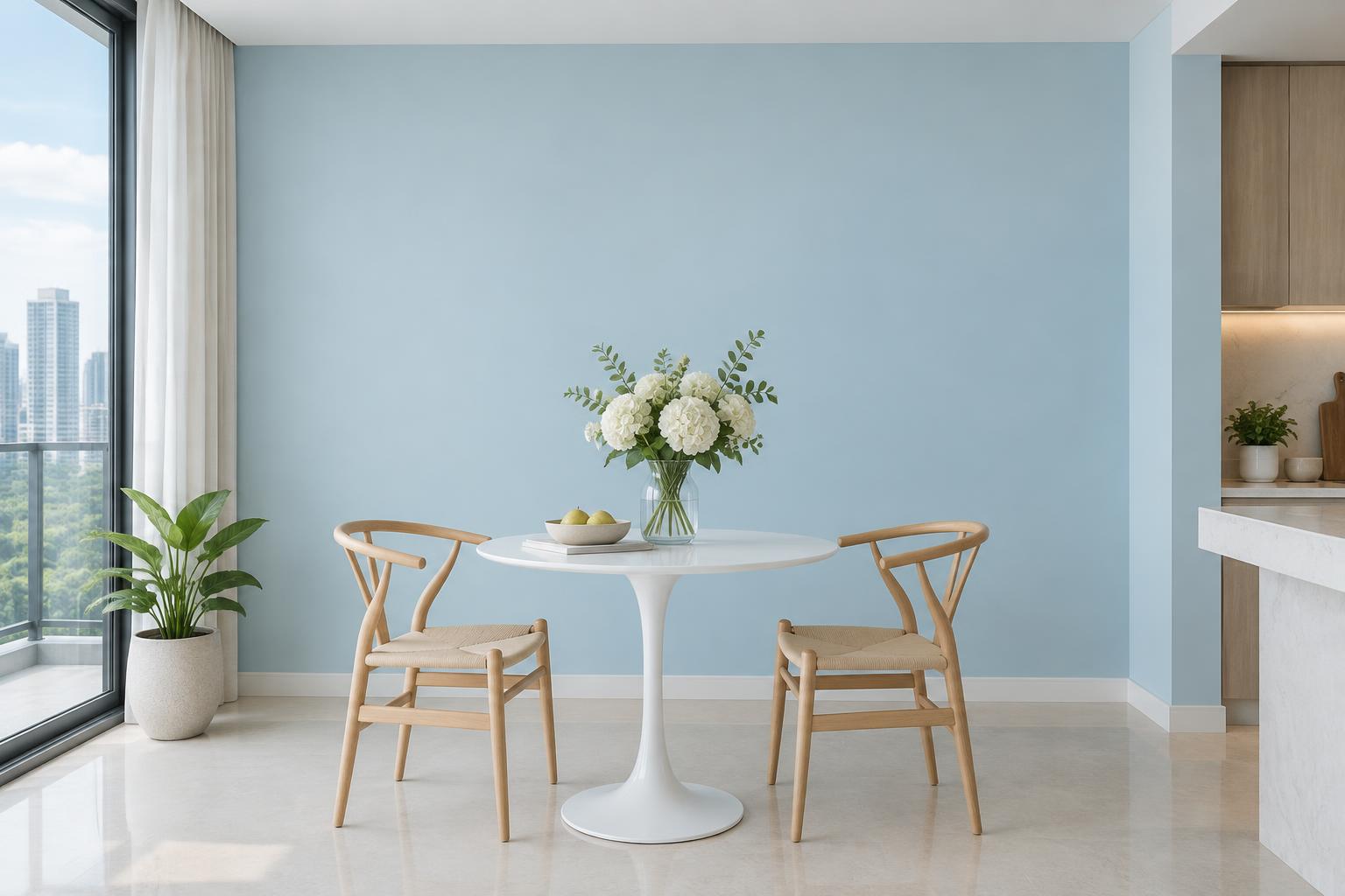Condo breakfast nook with white pedestal table and wishbone chairs painted in Gush Blooming BL010B, showing the shade in natural Singapore daylight