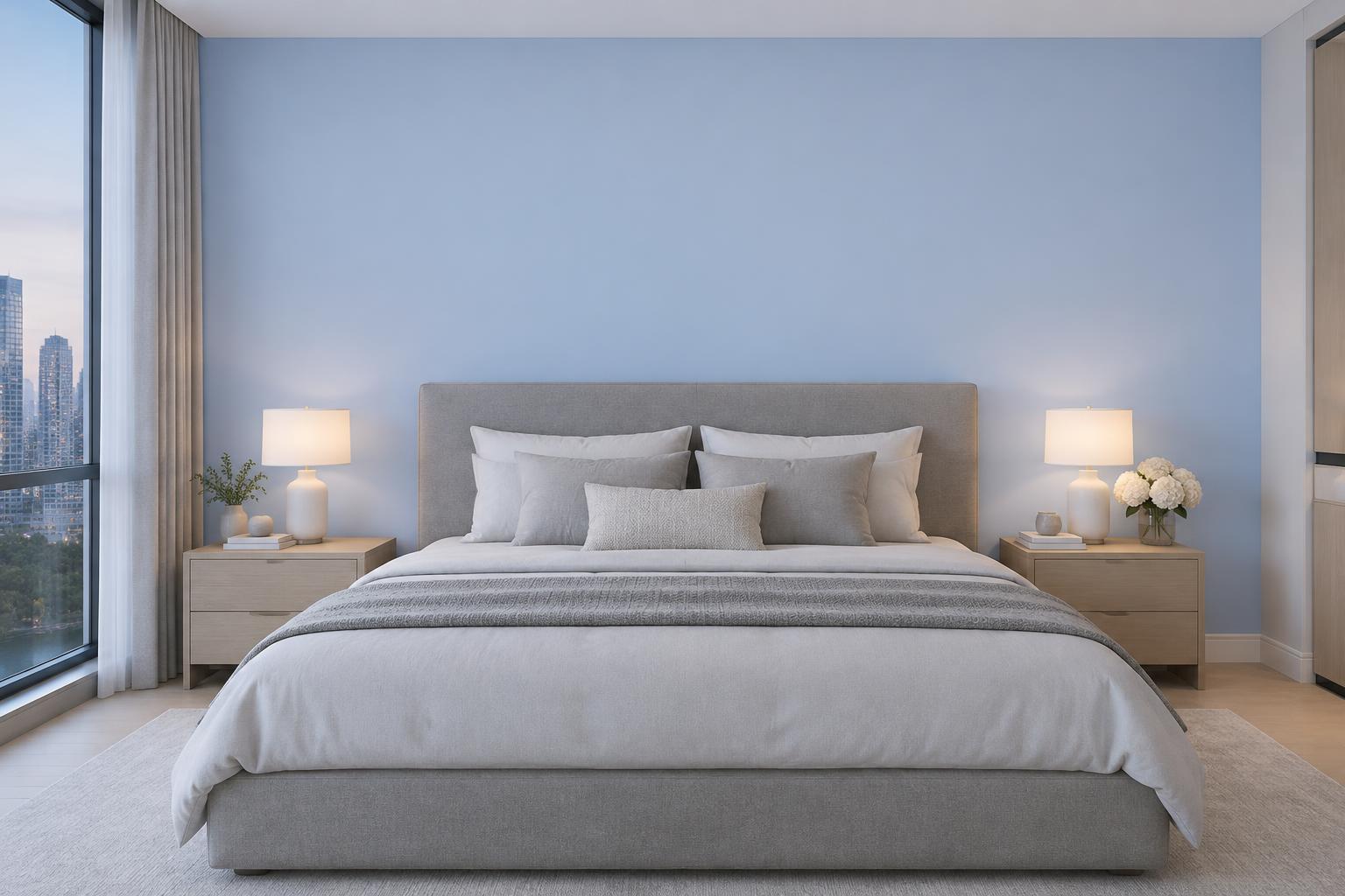 Condo master bedroom with upholstered grey bed at dusk painted in Gush Twilight BL012B, showing the shade in natural Singapore daylight