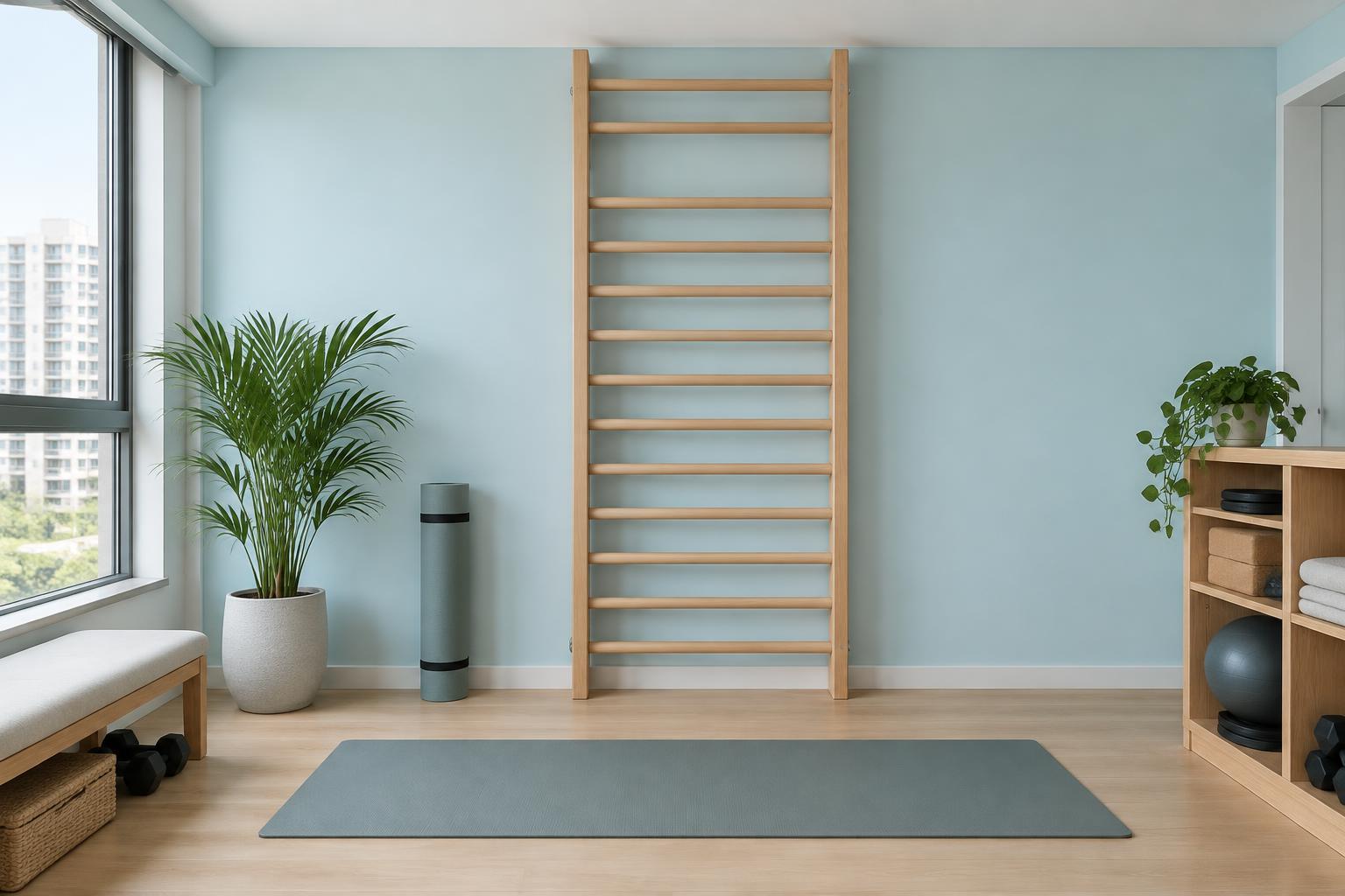 HDB home gym with wooden wall bars and yoga mat painted in Gush Flow Zone BL016A, showing the shade in natural Singapore daylight