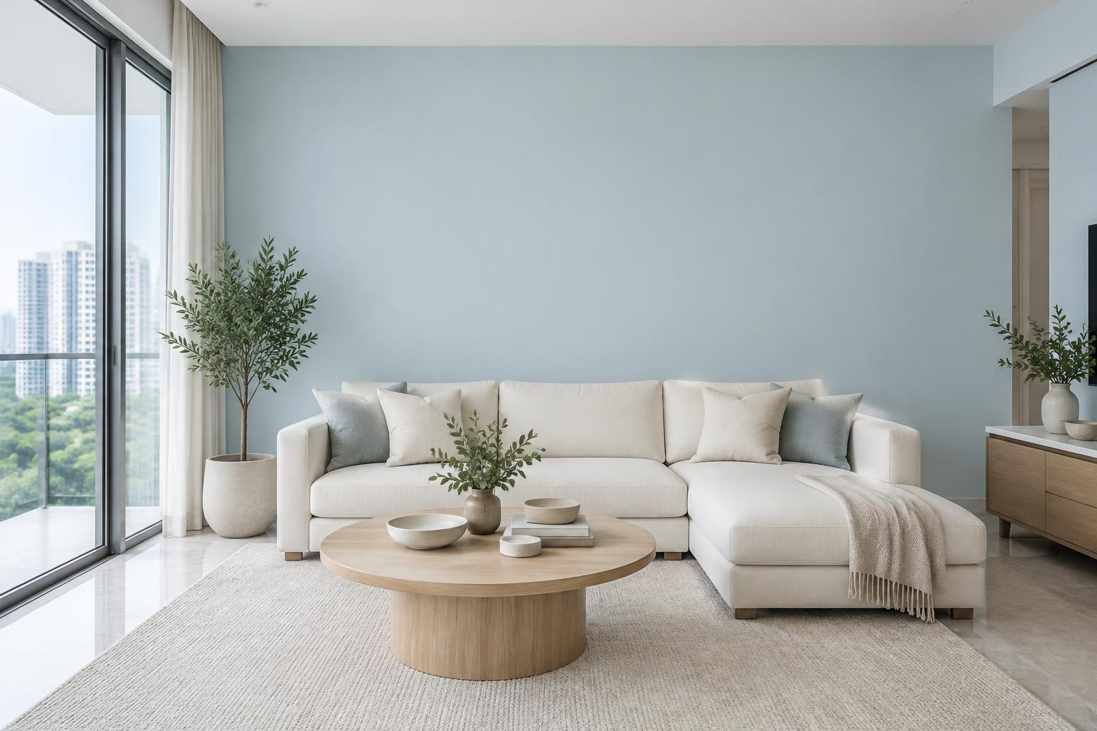 Condo living room with ivory sectional and oak coffee table painted in Gush Cloud BL017A, showing the shade in natural Singapore daylight