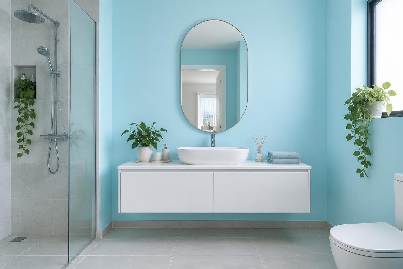HDB bathroom with white floating vanity and oval mirror painted in Gush Downstream BL018A, showing the shade in natural Singapore daylight