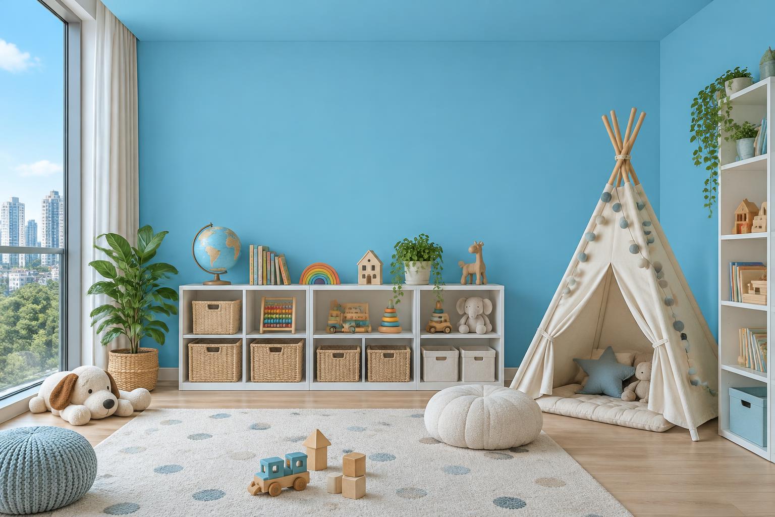 Condo playroom with white toy shelves and canvas teepee painted in Gush Lazuli BL020B, showing the shade in natural Singapore daylight