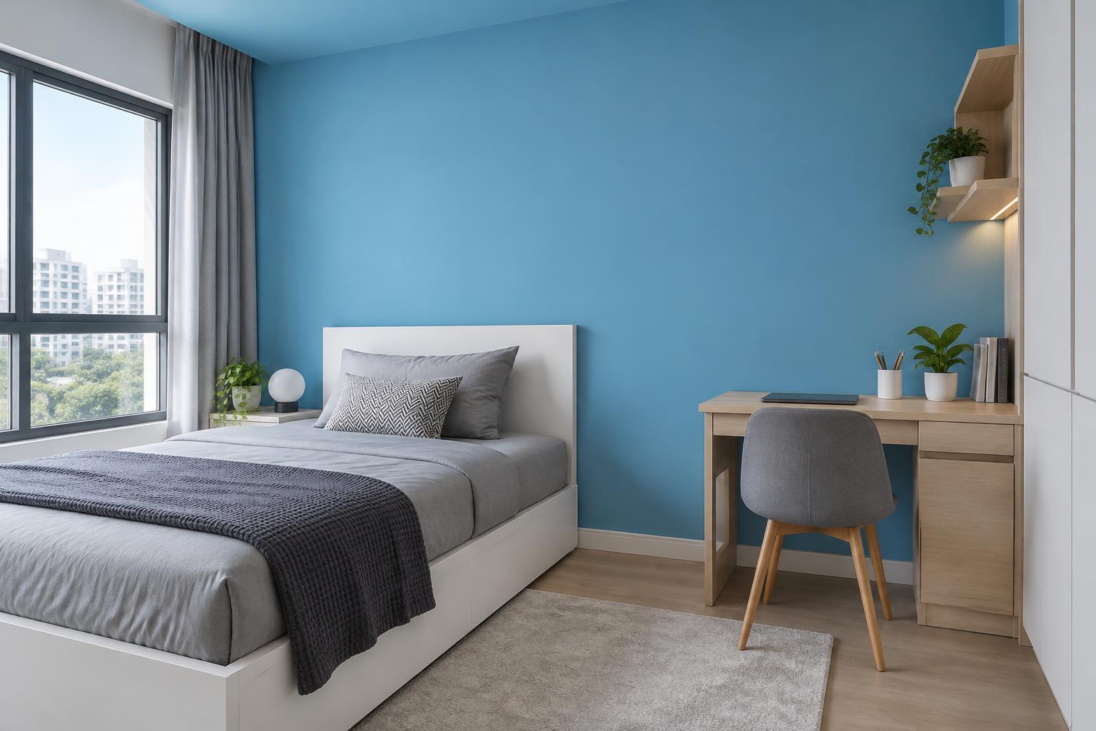 HDB teen bedroom with white bed and oak study desk painted in Gush Dip BL021C, showing the shade in natural Singapore daylight
