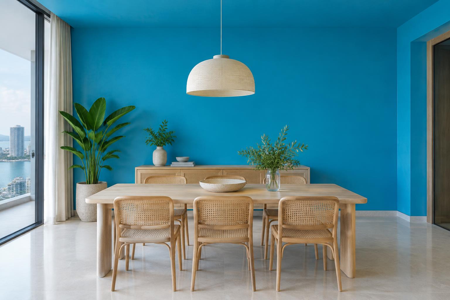 Condo dining room with oak table and cane chairs painted in Gush Plunge Pool BL022C, showing the shade in natural Singapore daylight