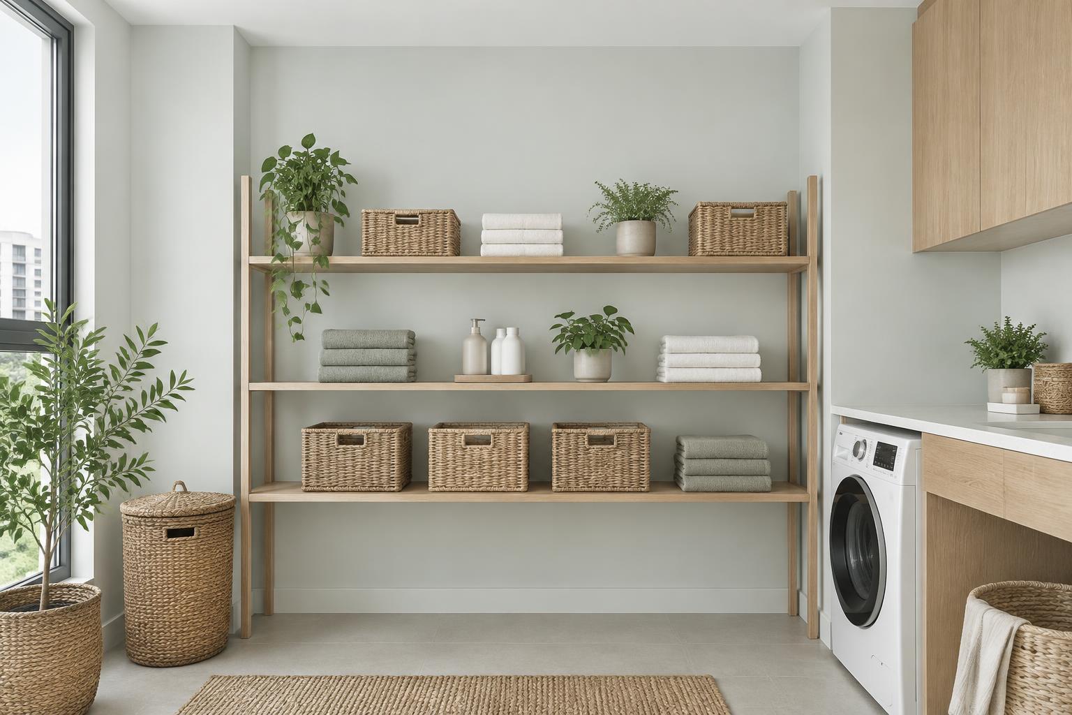 HDB laundry room with oak shelves and woven baskets painted in Gush Still Got Space BL024A, showing the shade in natural Singapore daylight