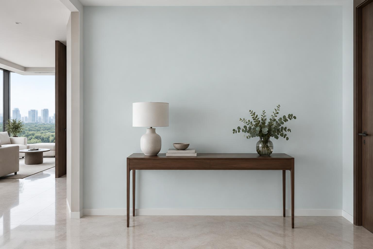 Condo entry hallway with walnut console and ceramic lamp painted in Gush Solstice BL025A, showing the shade in natural Singapore daylight