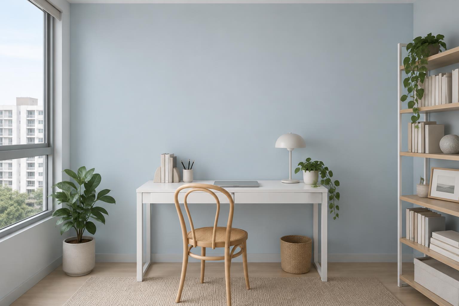 HDB study nook with white desk and bentwood chair painted in Gush Elpis BL026A, showing the shade in natural Singapore daylight