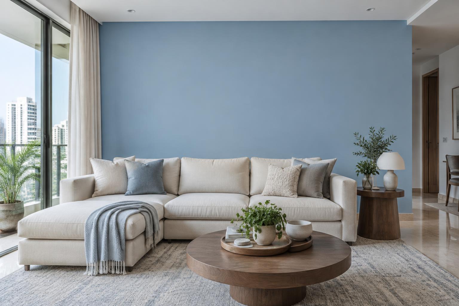 Condo living room with cream sectional and walnut coffee table painted in Gush Faye's Theme BL030B, showing the shade in natural Singapore daylight