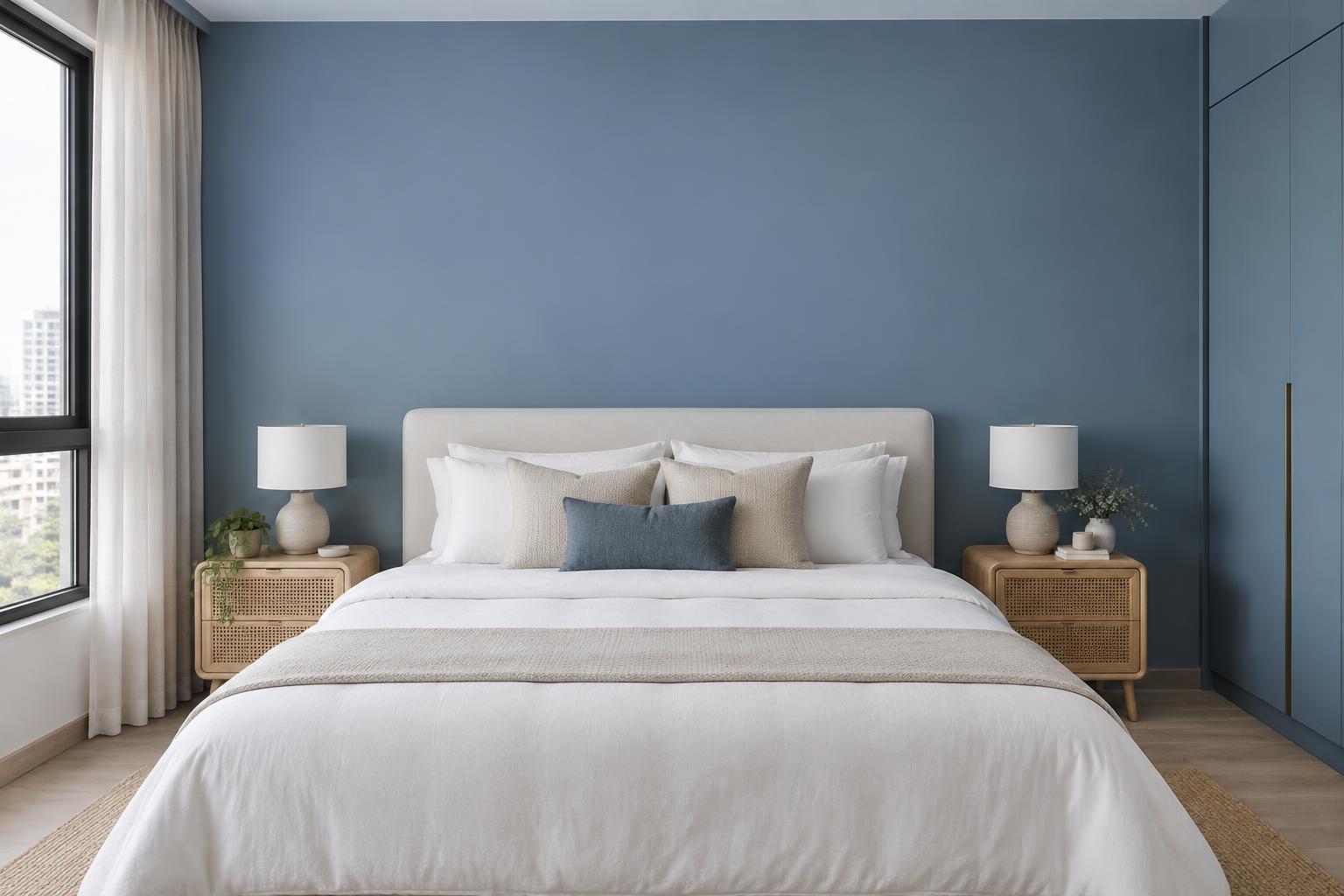 HDB master bedroom with white linen and rattan bedside tables painted in Gush Arcana BL031C, showing the shade in natural Singapore daylight