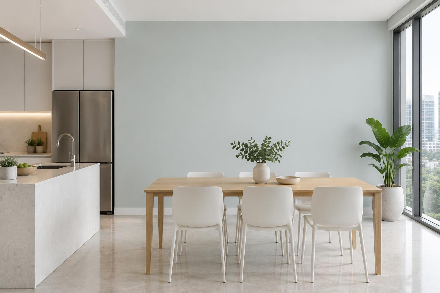 Condo kitchen dining area with oak table and white chairs painted in Gush Special Order BL033A, showing the shade in natural Singapore daylight