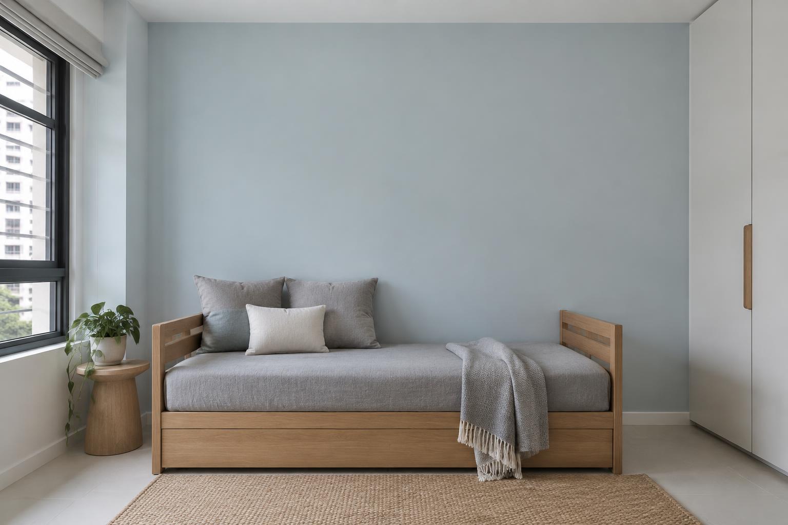 HDB guest bedroom with wooden daybed and grey linen painted in Gush Cosmonaut BL041A, showing the shade in natural Singapore daylight