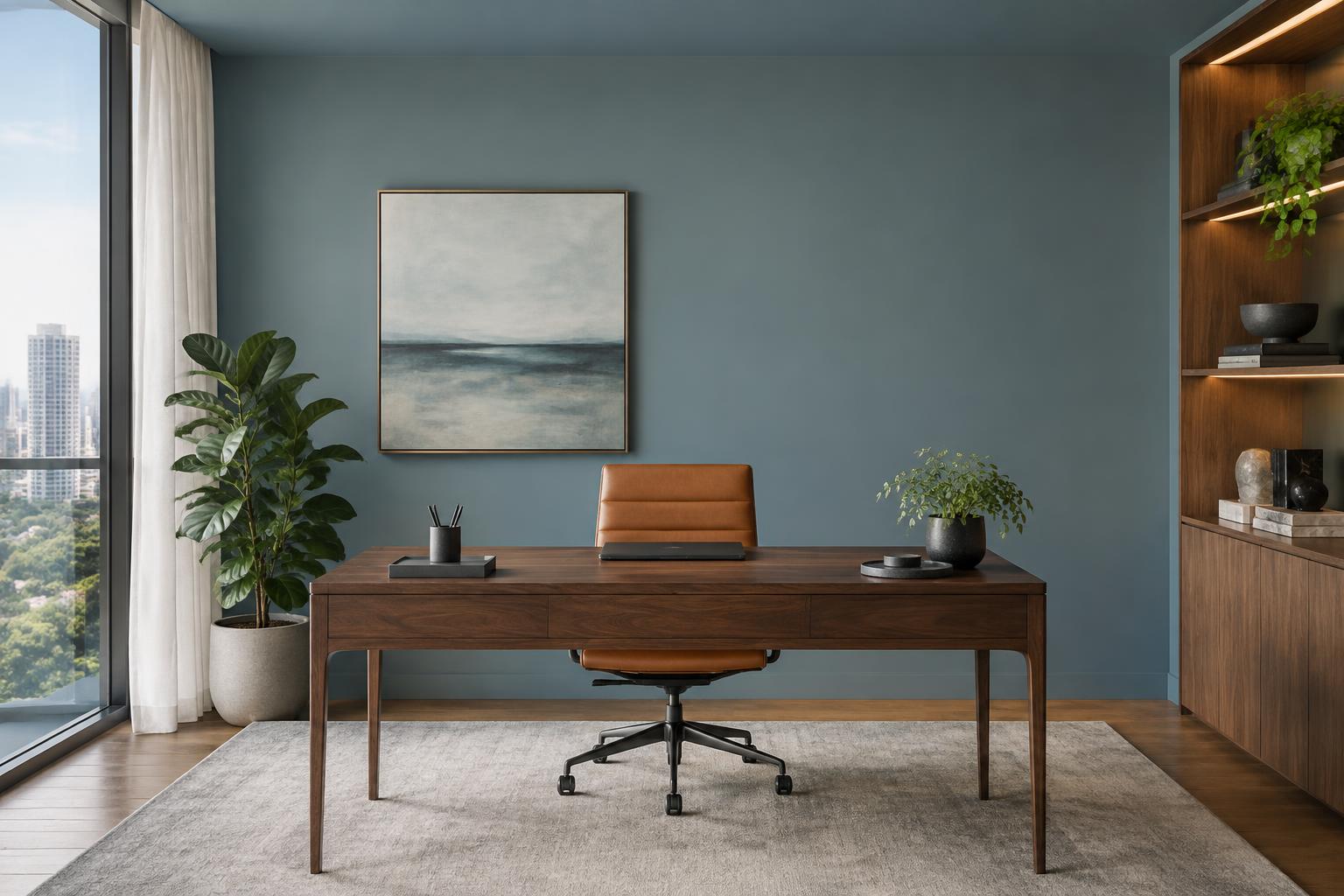 Condo study with walnut desk and cognac leather chair painted in Gush Fahrenheit BL045B, showing the shade in natural Singapore daylight