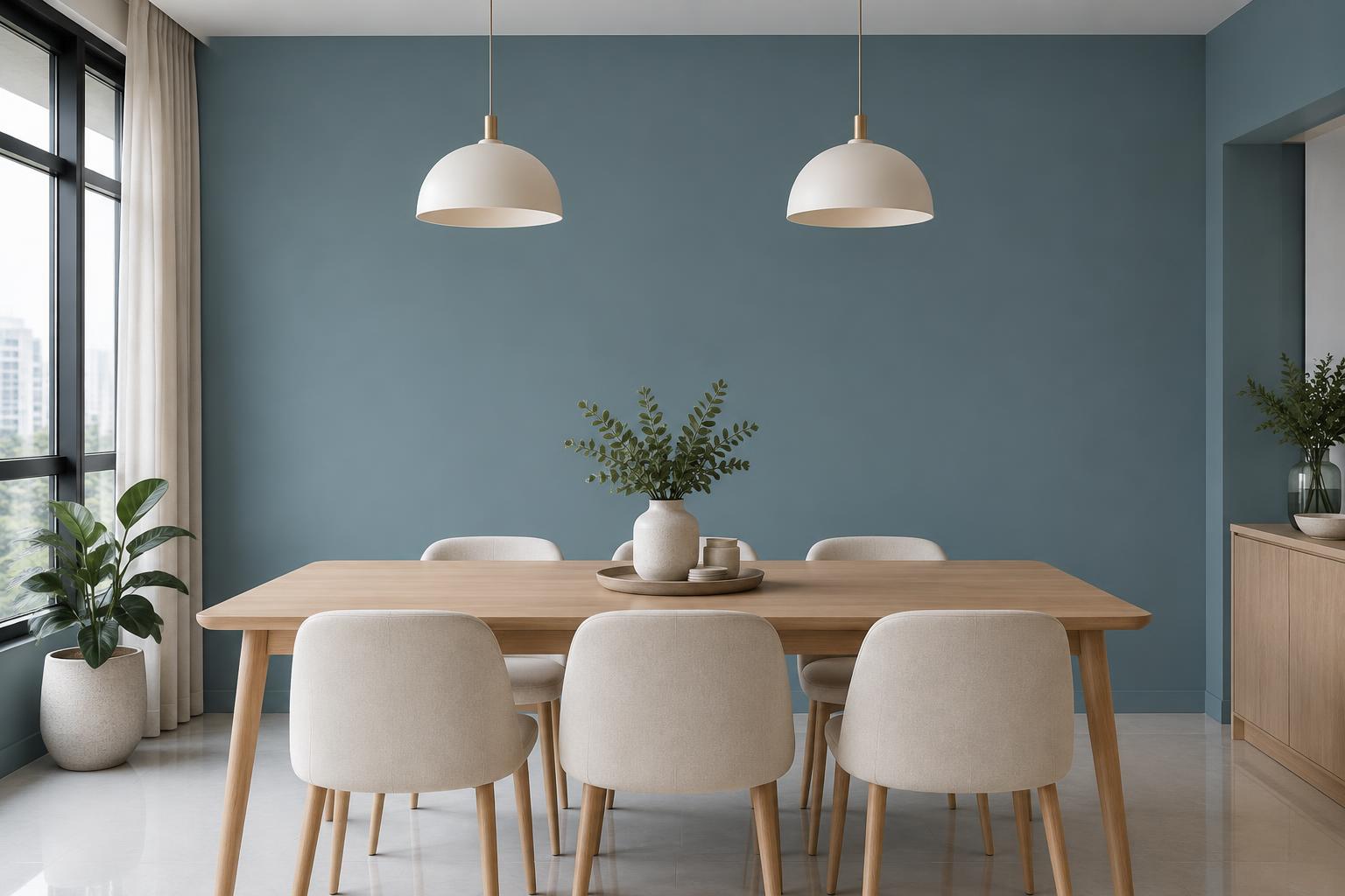 HDB dining room with oak table and cream upholstered chairs painted in Gush Solar BL046C, showing the shade in natural Singapore daylight
