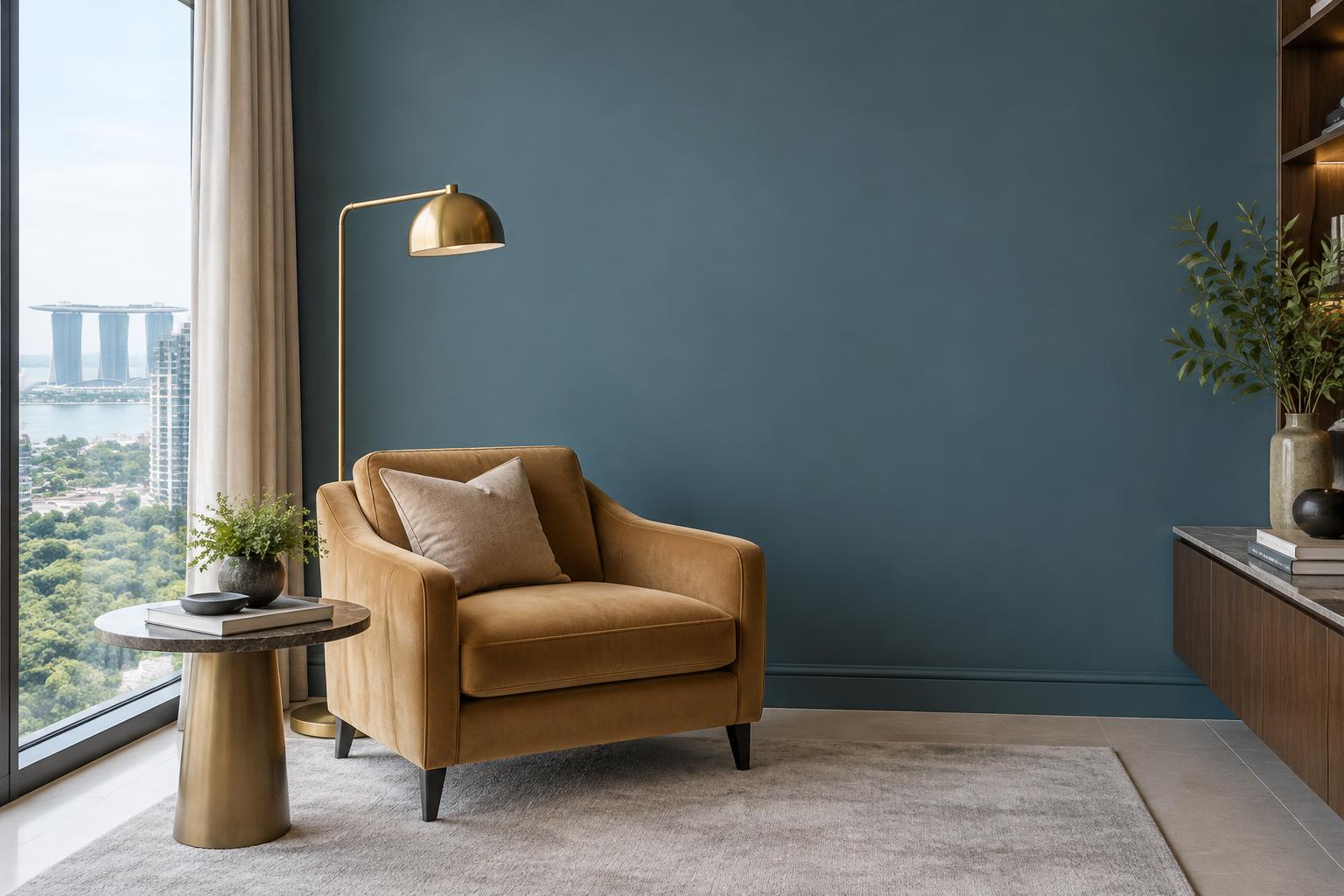 Condo reading lounge with camel velvet armchair and brass lamp painted in Gush Ensconce BL047C, showing the shade in natural Singapore daylight