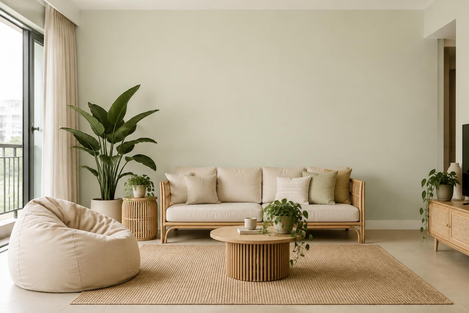 HDB living room with bean bag, rattan sofa and plants painted in Gush Bean Bag GR000A, showing the shade in natural Singapore daylight