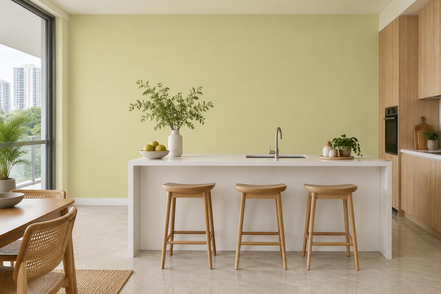 Condo kitchen with white island and oak stools painted in Gush Kaya GR001A, showing the shade in natural Singapore daylight